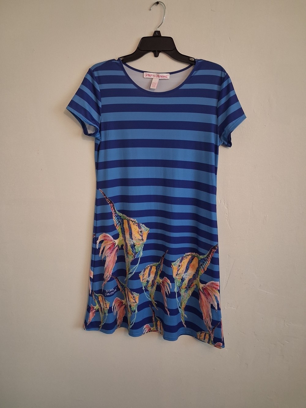 Striped Blue Tropical Fish Short Sleeve Dress By Leoma Lovegrove